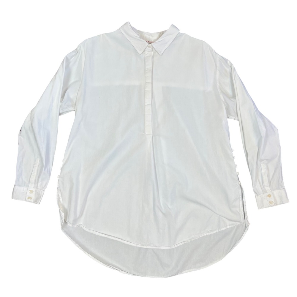 Anthropologie Womens White Cotton Henley Tunic Blouse Side Button High Low Med